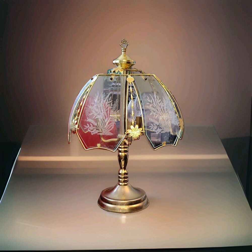 Vintage Glass Floral 3 Way Touch Lamp with Bell Shade Corded Electric